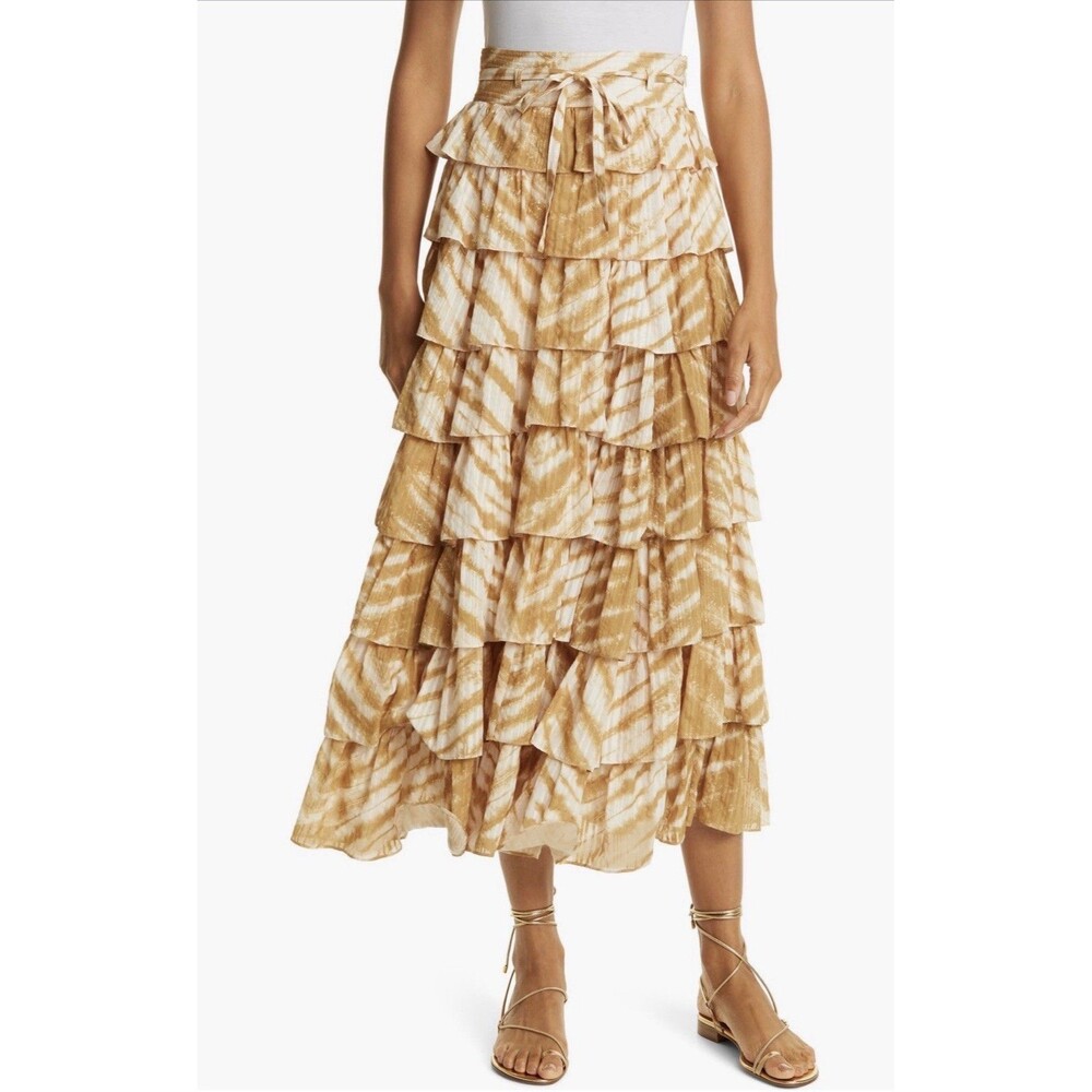 Ulla Johnson Margot Tie Dye Tiered Ruffle Cotton Midi Skirt Sand Women’s Size 4